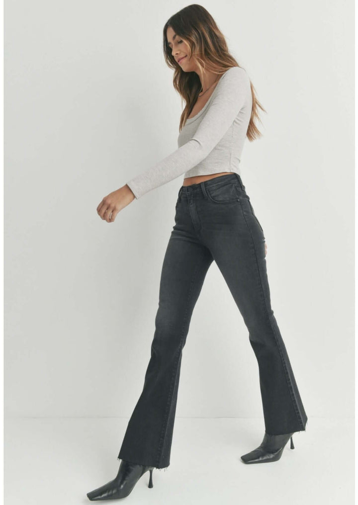 Just Black Denim Style# BP333J | Women's Fall Flare Washed Black Denim Jeans with Scissor Cut Hem | Made in USA | Classy Cozy Cool Women's Made in America Clothing Boutique