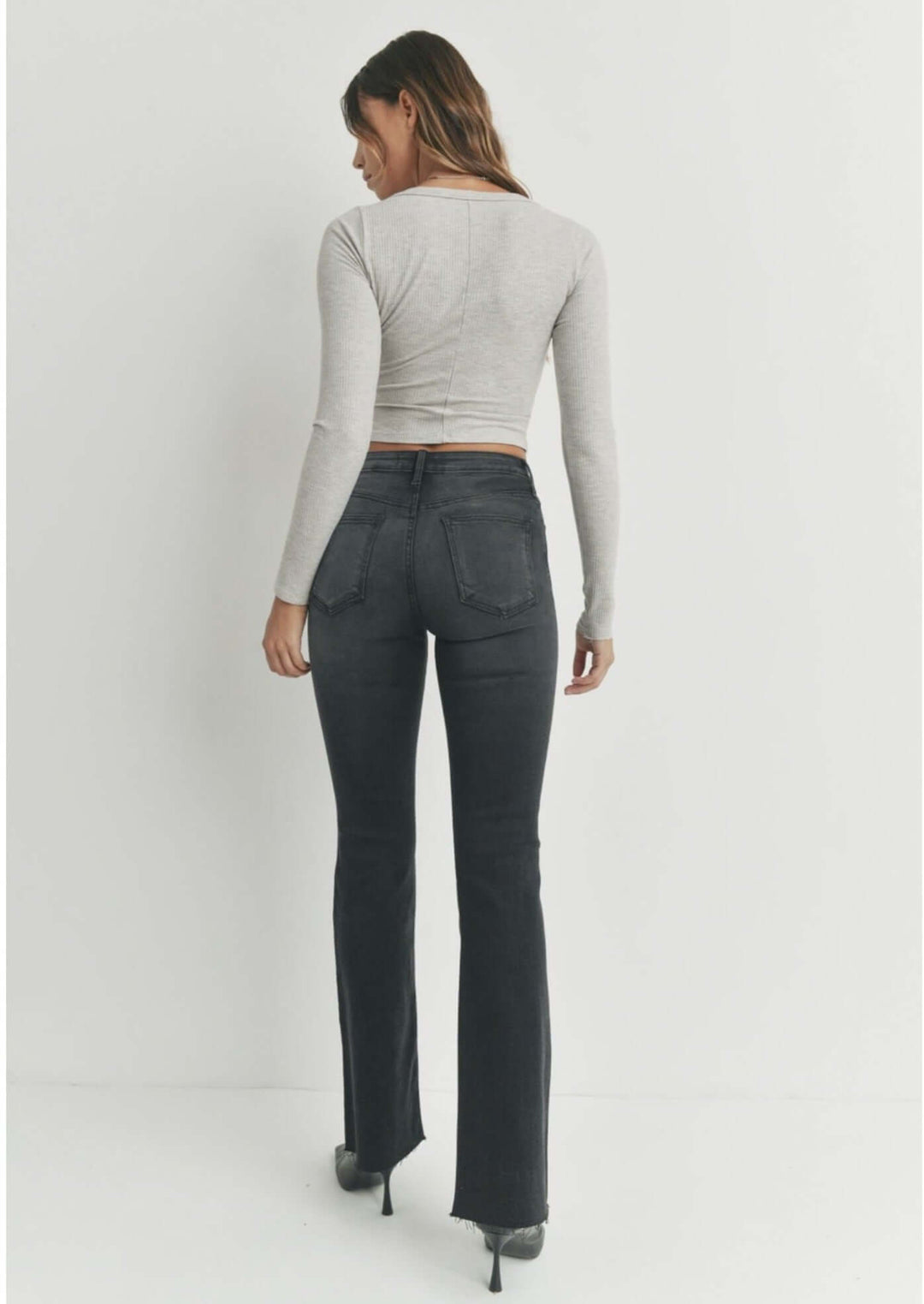 Just Black Denim Style# BP333J | Women's Fall Flare Washed Black Denim Jeans with Scissor Cut Hem | Made in USA | Classy Cozy Cool Women's Made in America Clothing Boutique