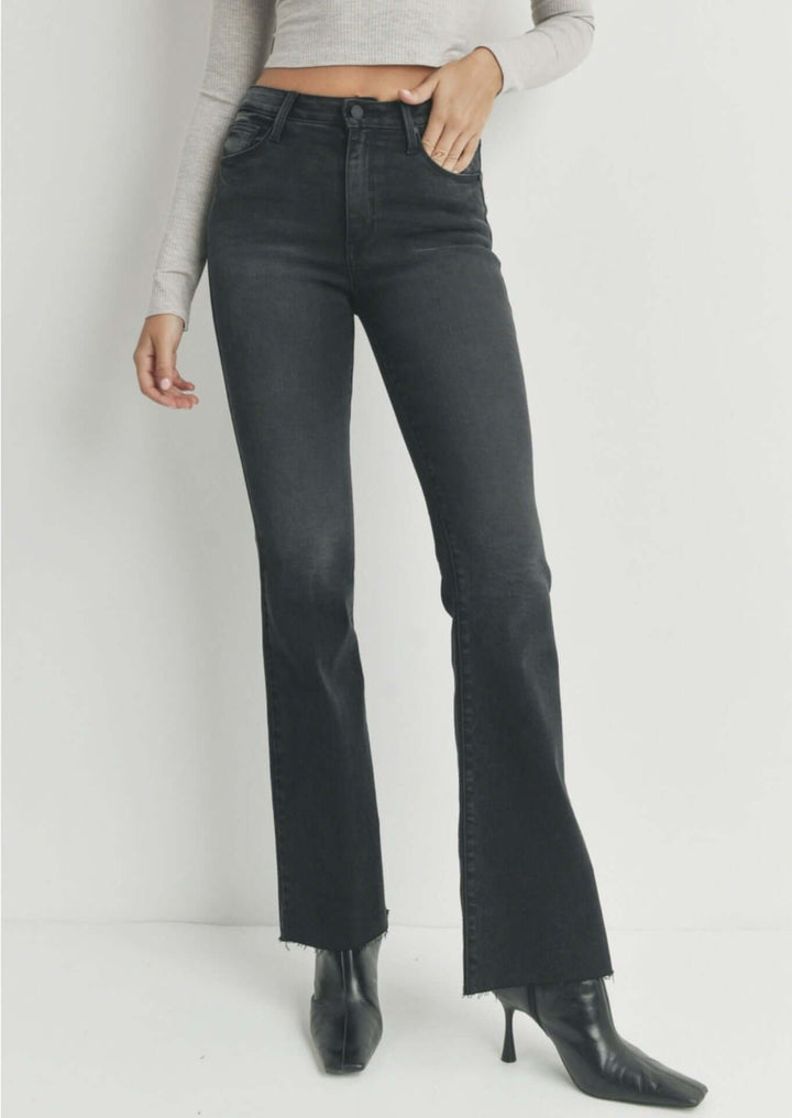 Just Black Denim Style# BP333J | Women's Fall Flare Washed Black Denim Jeans with Scissor Cut Hem | Made in USA | Classy Cozy Cool Women's Made in America Clothing Boutique