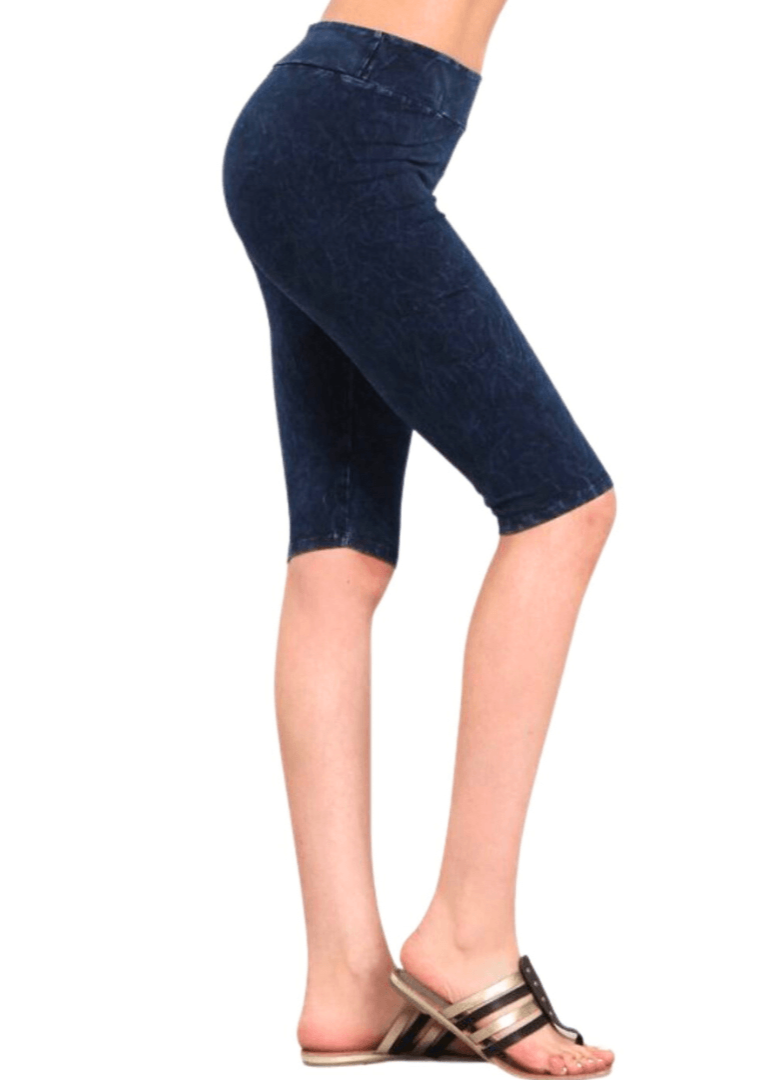 Ladies Mineral Washed Dark Denim Knee Length Biker Shorts | Chatoyant Style# C30331 | Made in USA | Classy Cozy Cool Women's Made in America Boutique