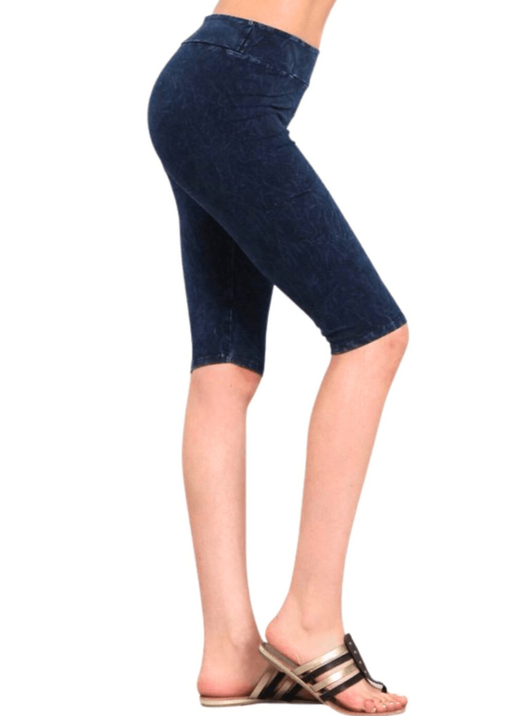 Ladies Mineral Washed Dark Denim Knee Length Biker Shorts | Chatoyant Style# C30331 | Made in USA | Classy Cozy Cool Women's Made in America Boutique