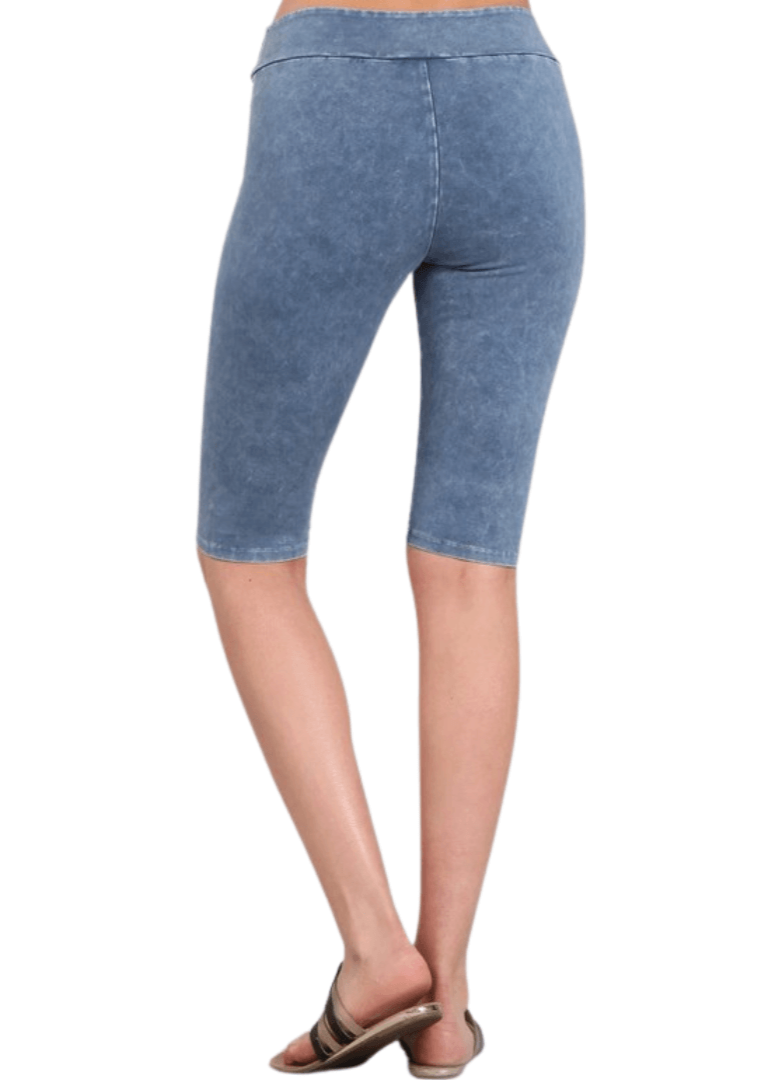 Ladies Mineral Washed Light Denim Knee Length Biker Shorts | Chatoyant Style# C30331 | Made in USA | Classy Cozy Cool Women's Made in America Boutique