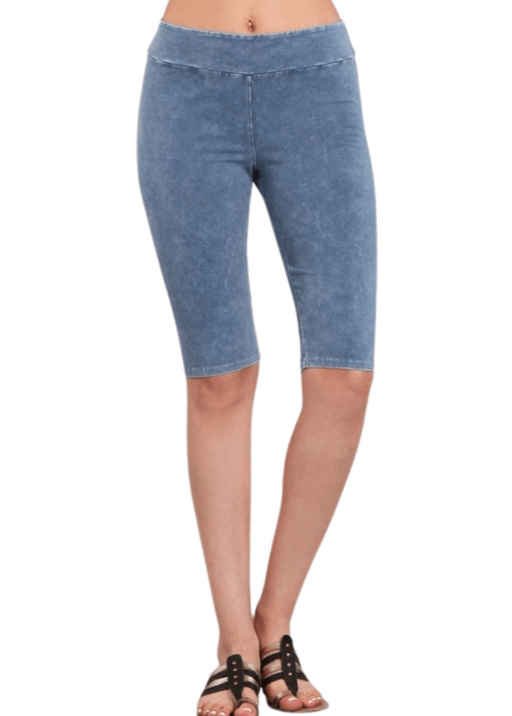 Ladies Mineral Washed Light Denim Knee Length Biker Shorts | Chatoyant Style# C30331 | Made in USA | Classy Cozy Cool Women's Made in America Boutique