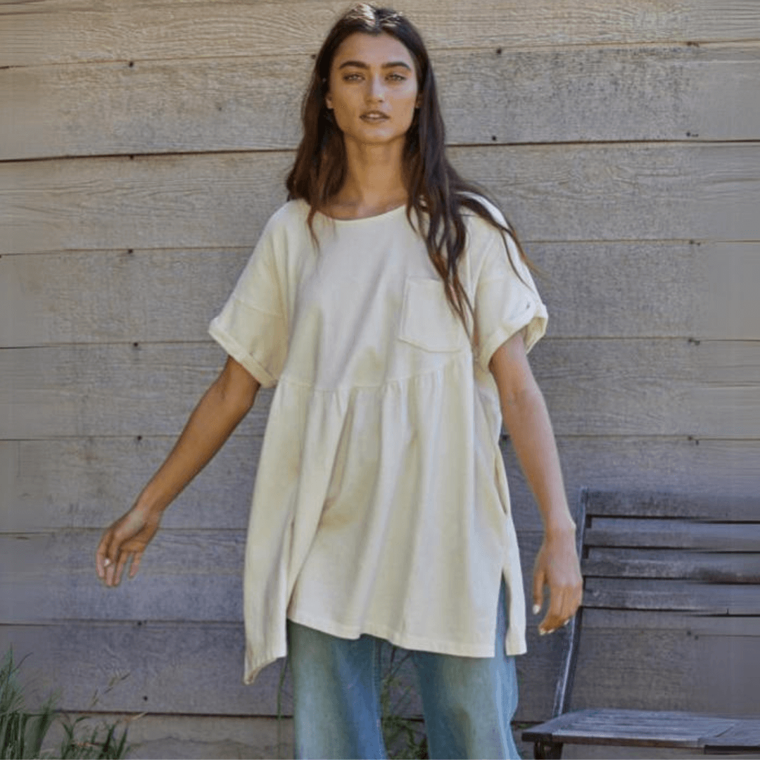 Made in USA Women's Heavy Knit Cotton Hacci Round Neck Flared Tunic with Folded Short Sleeve and Side Slits Detailed Top With Front And Side Pockets in Cream | Classy Cozy Cool Made in America Boutique