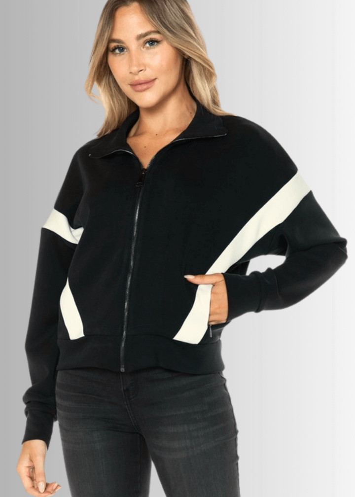Made in USA Women's Super Soft Track Jacket, Relaxed Fit Zip Front Jacket  in Black with White Stripes, Soft Material Compares to LuLulemon Scuba Line Style J416-K490