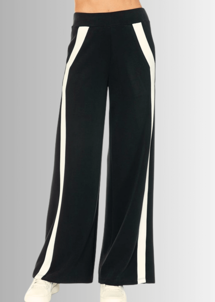 Made in USA Women's Super Soft Track Suit, Relaxed Fit Zip Front Jacket and Pant Set in Black with White Stripes, Material Compares to LuLulemon Scuba Line | Classy Cozy Cool Made in America Boutique