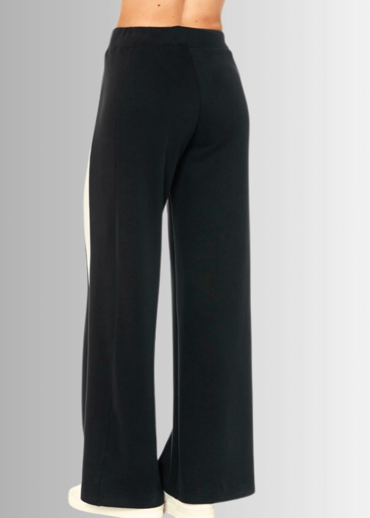 Made in USA Women's Super Soft Track Suit, Relaxed Fit Zip Front Jacket and Pant Set in Black with White Stripes, Material Compares to LuLulemon Scuba Line | Classy Cozy Cool Made in America Boutique