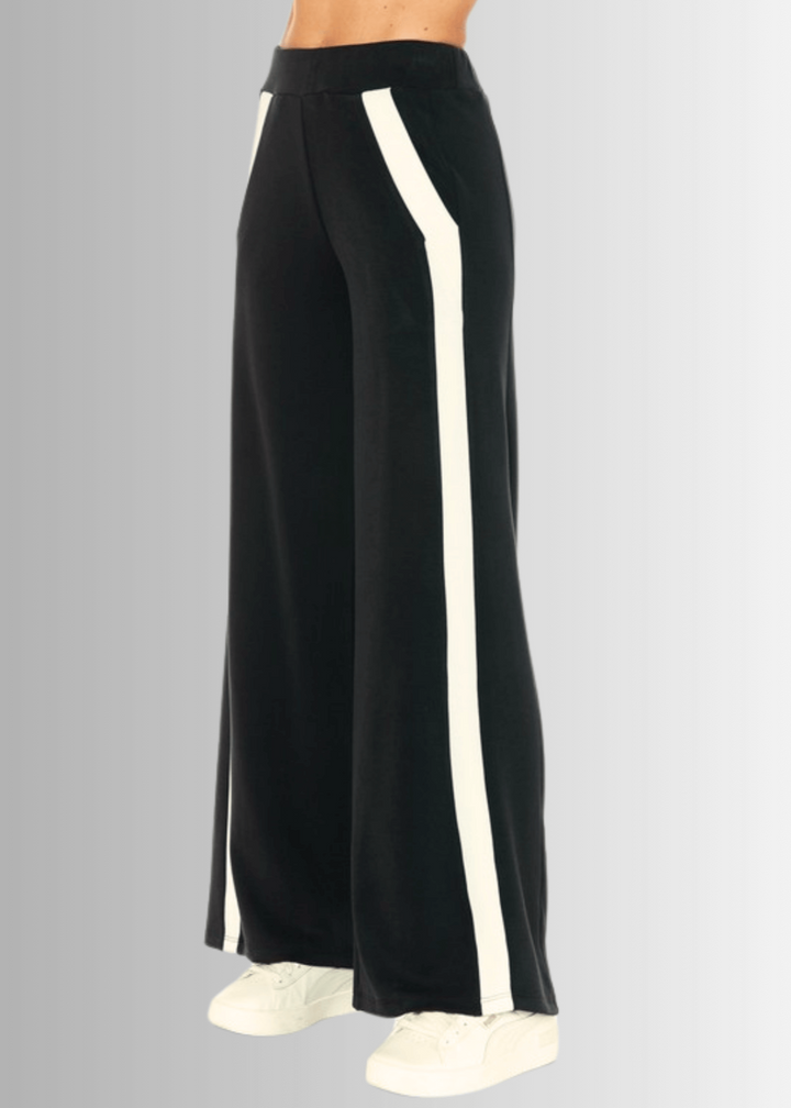 Made in USA Women's Super Soft Track Suit, Relaxed Fit Zip Front Jacket and Pant Set in Black with White Stripes, Material Compares to LuLulemon Scuba Line | Classy Cozy Cool Made in America Boutique
