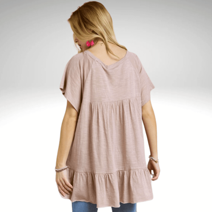 Made in USA Women's Tiered Ruffle Sleeved Cotton Blend Tunic Ultra Lightweight, Wide Round Neck, Loose Fit in Latte Tan | Classy Cozy Cool Made in America Boutique