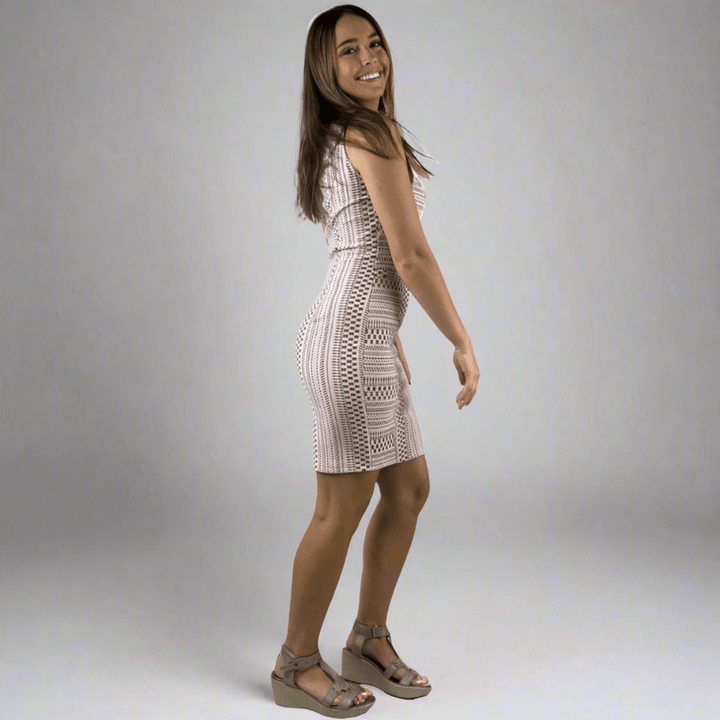 Made in USA Women's Designer Fitted Sheath Mini Dress with Princess Line, Side pockets, Superior Quality in Pink & White by Designer: Elana Kattan Season: All Season