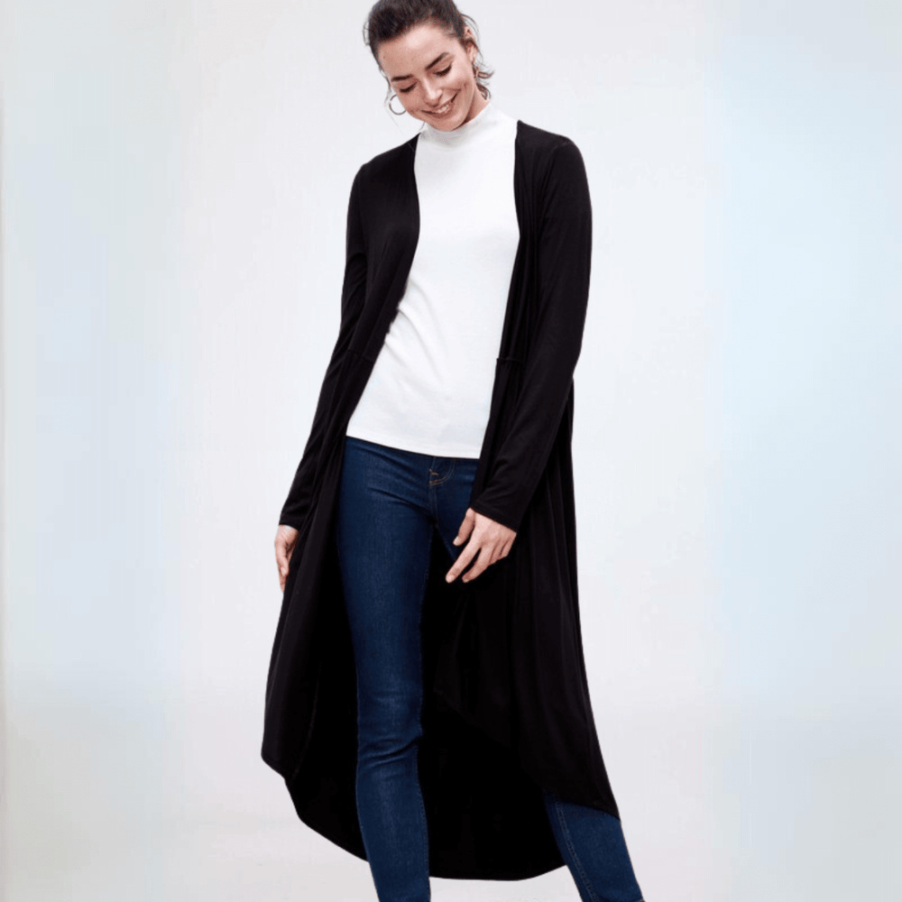 Made in USA Casual, Lightweight & Oh So Soft Open Front Maxi Length Bamboo Duster for All Seasons in Black | Classy Cozy Cool Made in America Boutique