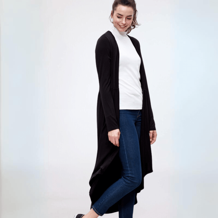 Made in USA Casual, Lightweight & Oh So Soft Open Front Maxi Length Bamboo Duster for All Seasons in Black | Classy Cozy Cool Made in America Boutique