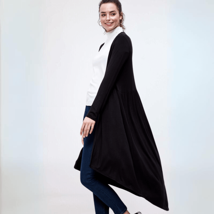 Made in USA Casual, Lightweight & Oh So Soft Open Front Maxi Length Bamboo Duster for All Seasons in Black | Classy Cozy Cool Made in America Boutique