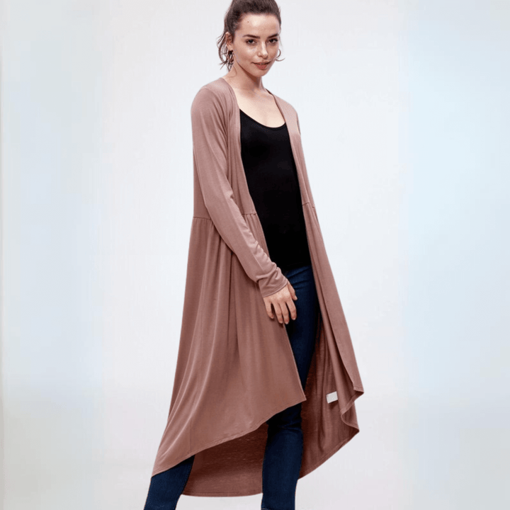 Made in USA Casual, Lightweight & Oh So Soft Open Front Maxi Length Bamboo Duster for All Seasons in Light Camel Brown | Classy Cozy Cool Made in America Boutique