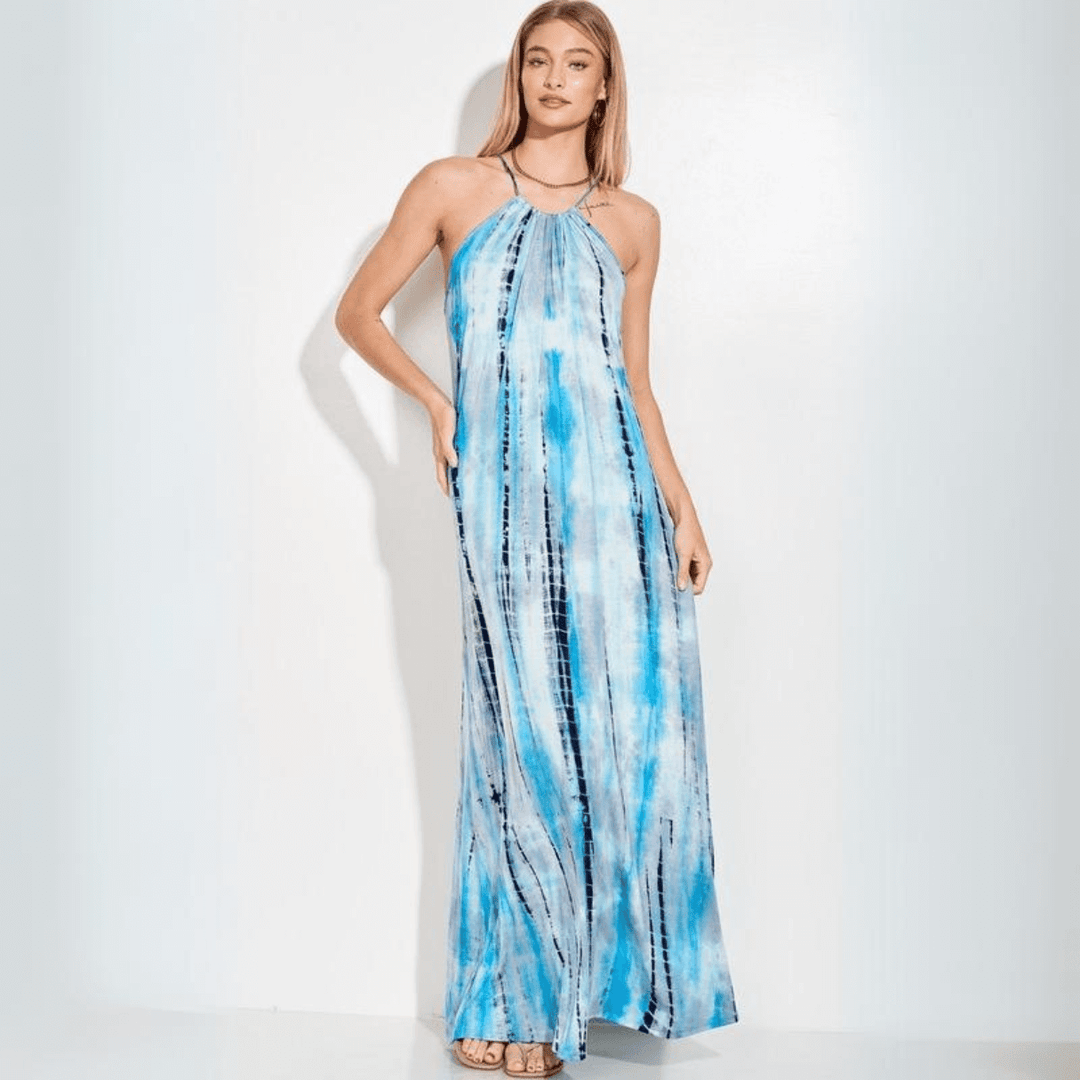 Made in USA Women's Tie Dye Turquoise Halter Style Maxi Dress Adjustable Straps Tie in Back Soft & Comfortable Lightweight Material | Classy Cozy Cool Style D113