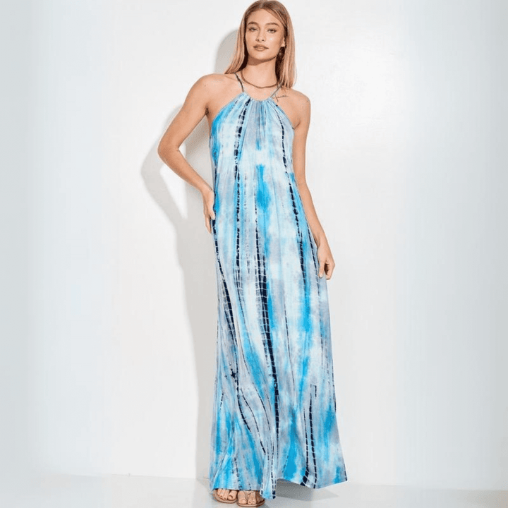 Made in USA Women's Tie Dye Turquoise Halter Style Maxi Dress Adjustable Straps Tie in Back Soft & Comfortable Lightweight Material | Classy Cozy Cool Style D113