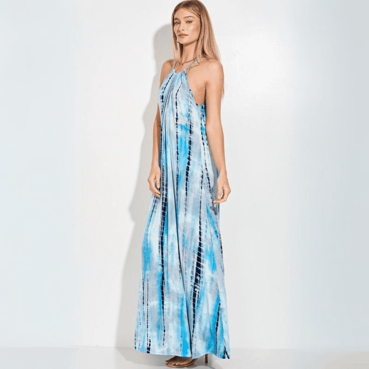 Made in USA Women's Tie Dye Turquoise Halter Style Maxi Dress Adjustable Straps Tie in Back Soft & Comfortable Lightweight Material | Classy Cozy Cool Style D113