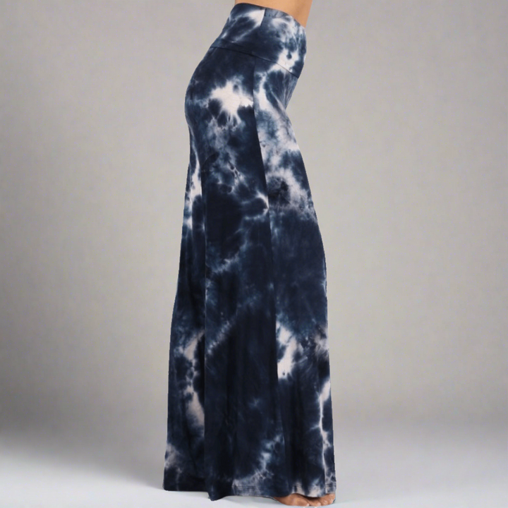 USA Made Women's Navy & White Beach & Lounge Casual Tie Dye Palazzo Pants |  Soft & comfortable design with a wide fold over waistband | Classy Cozy Cool Made in America Boutique