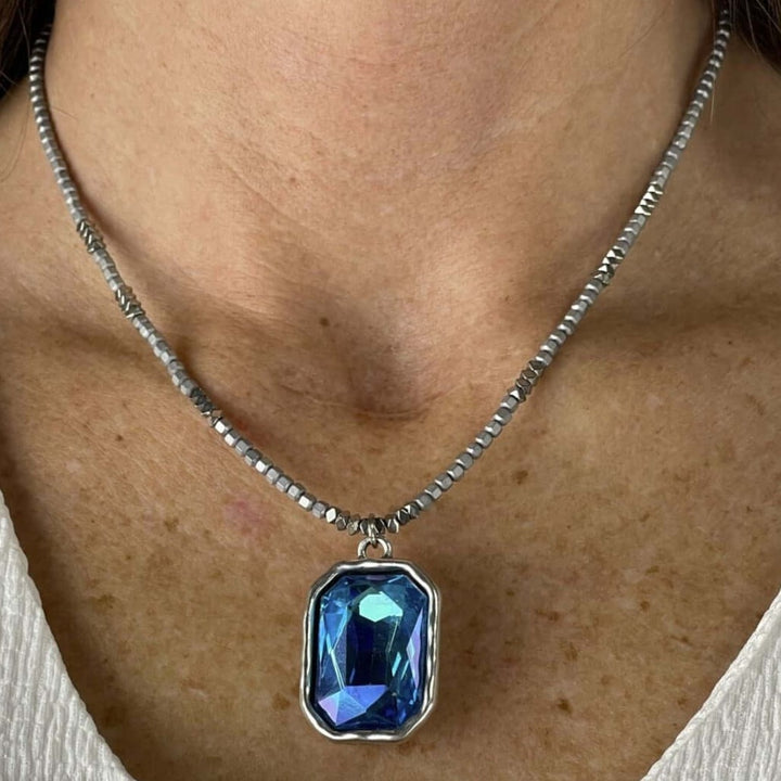 Women's Beaded Statement Necklace with Blue Pendant Handmade in Texas, USA  | Classy Cozy Cool Women's Made in America Boutique