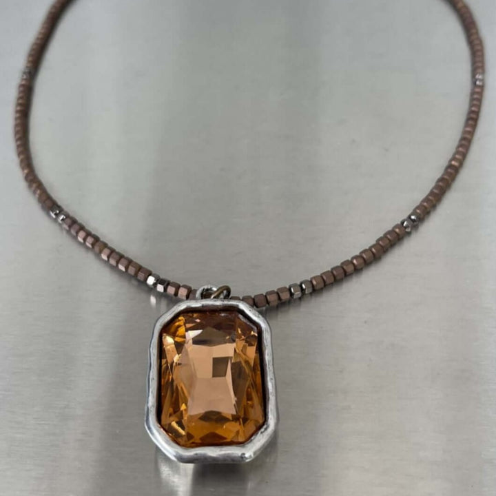 Women's Beaded Statement Necklace with Amber Pendant Handmade in Texas, USA  | Classy Cozy Cool Women's Made in America Boutique