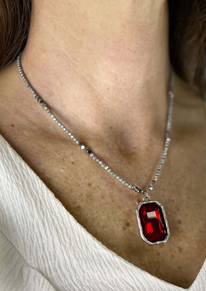 Women's Beaded Statement Necklace with Red Pendant Handmade in Texas, USA  | Classy Cozy Cool Women's Made in America Boutique