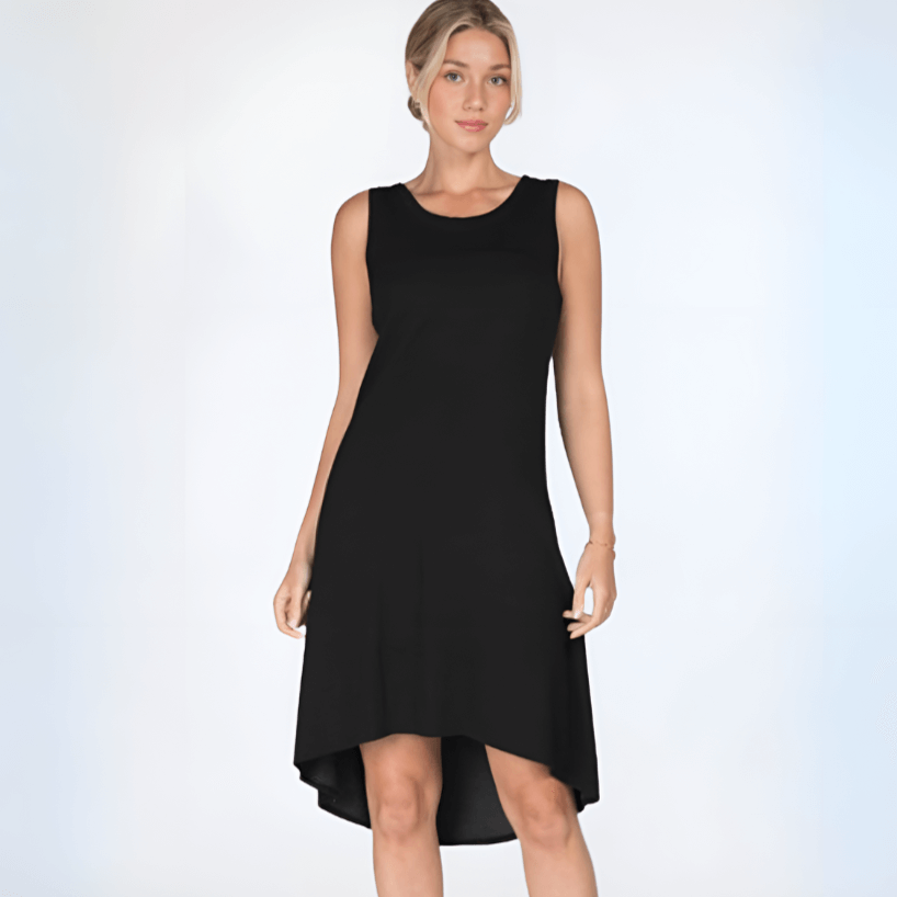 Women's A-Line High-Low Black Tank Dress with Round Neckline | Soft Material | Made in USA | Classy Cozy Cool Made in America Boutique