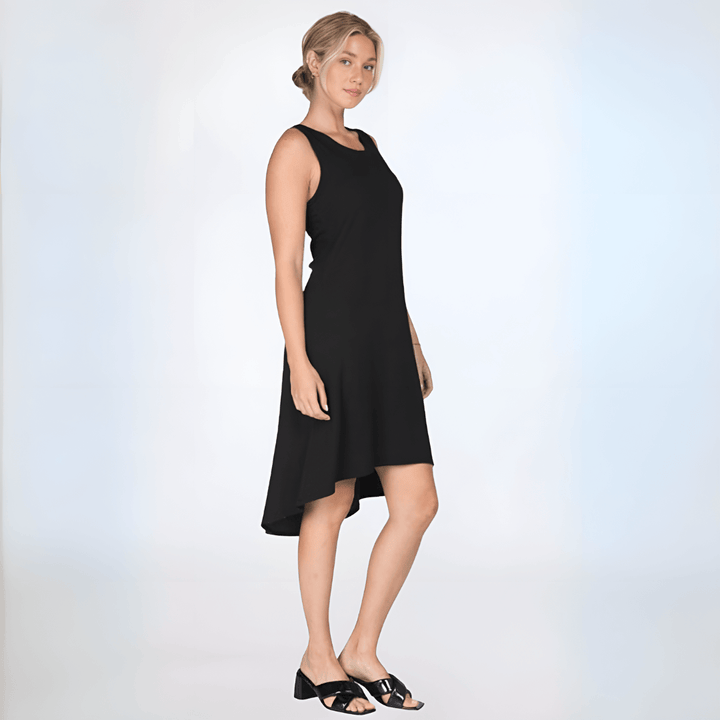 Women's A-Line High-Low Black Tank Dress with Round Neckline | Soft Material | Made in USA | Classy Cozy Cool Made in America Boutique