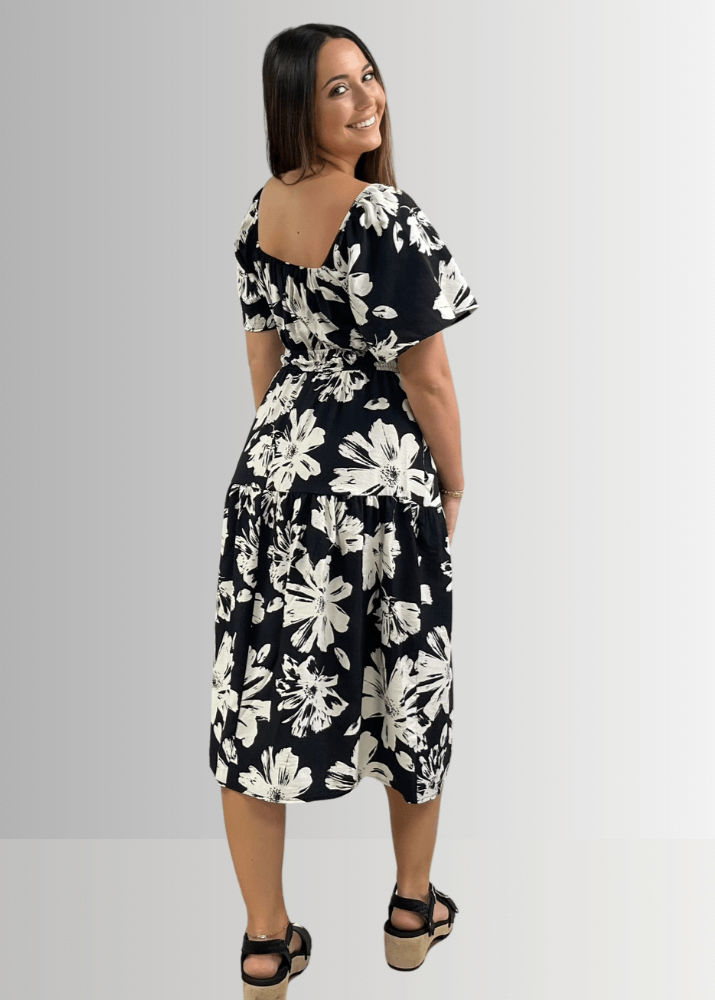 Made in USA Women's Floral Smocked Midi Dress, Short Flutter Sleeves, Square Neck, Off The Shoulder,  Side Pockets, Rayon and Nylon, Machine Wash | Classy Cozy Cool Women's Made in America Boutique