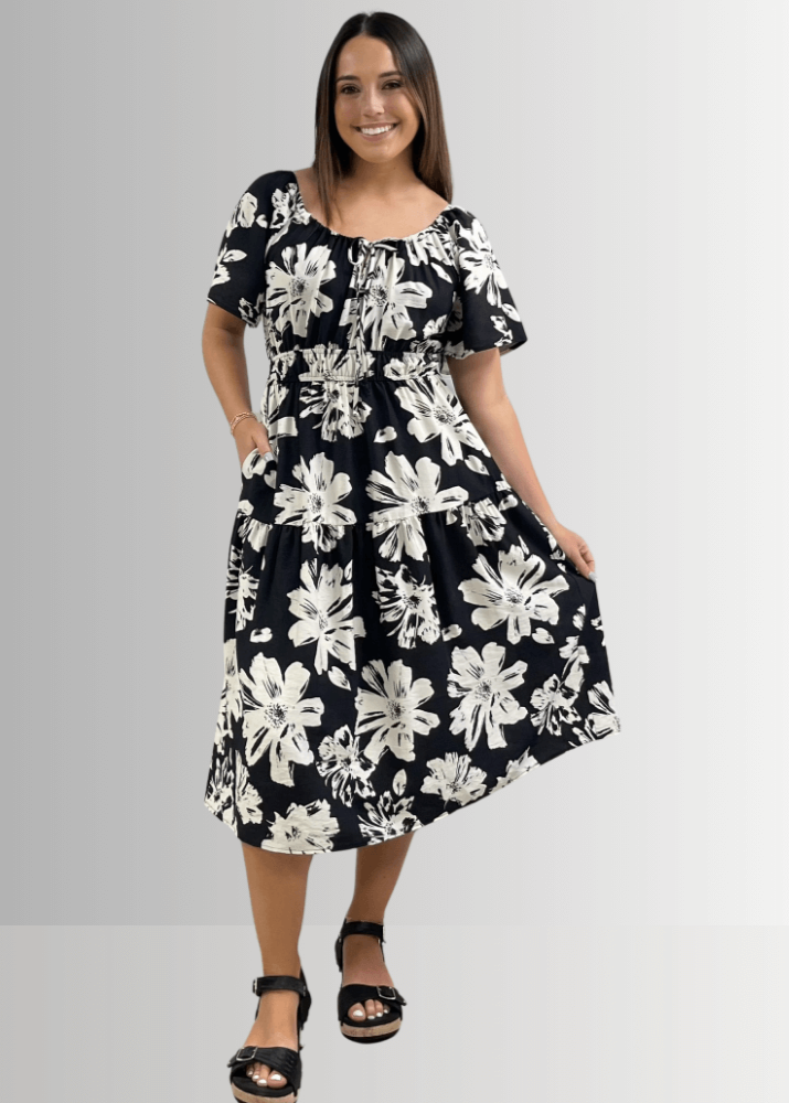 Made in USA Women's Floral Smocked Midi Dress, Short Flutter Sleeves, Square Neck, Off The Shoulder,  Side Pockets, Rayon and Nylon, Machine Wash | Classy Cozy Cool Women's Made in America Boutique