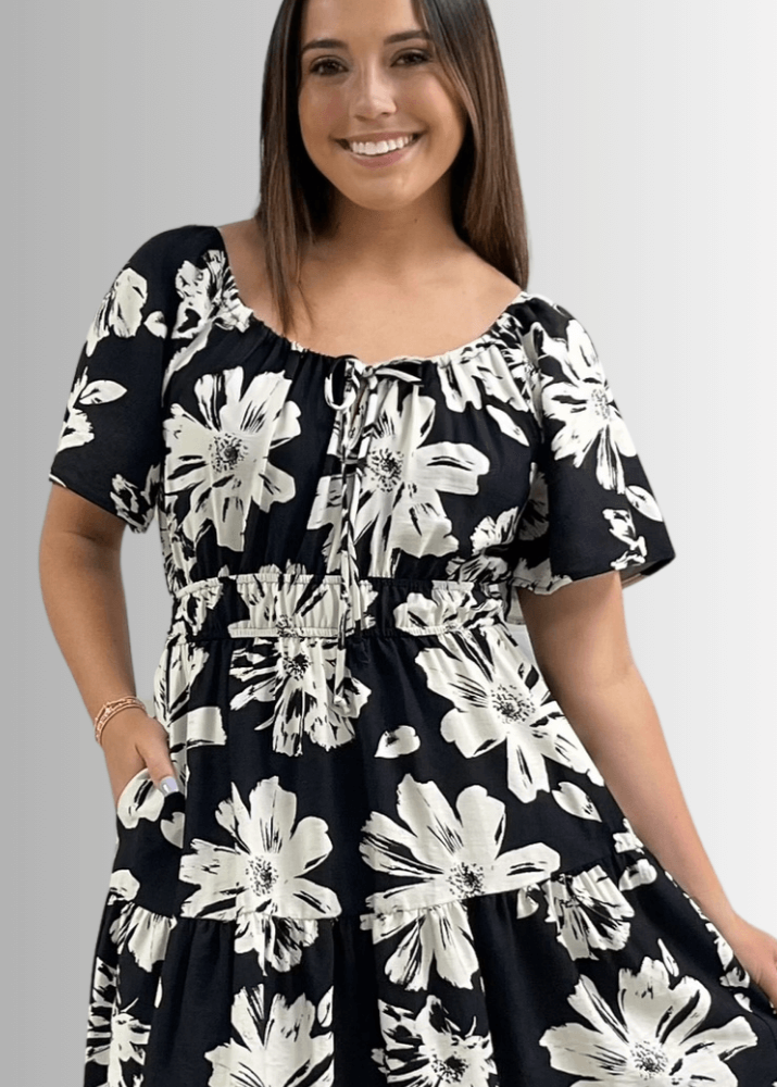 Made in USA Women's Floral Smocked Midi Dress, Short Flutter Sleeves, Square Neck, Off The Shoulder,  Side Pockets, Rayon and Nylon, Machine Wash | Classy Cozy Cool Women's Made in America Boutique