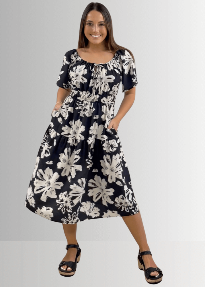 Made in USA Women's Floral Smocked Midi Dress, Short Flutter Sleeves, Square Neck, Off The Shoulder,  Side Pockets, Rayon and Nylon, Machine Wash | Classy Cozy Cool Women's Made in America Boutique