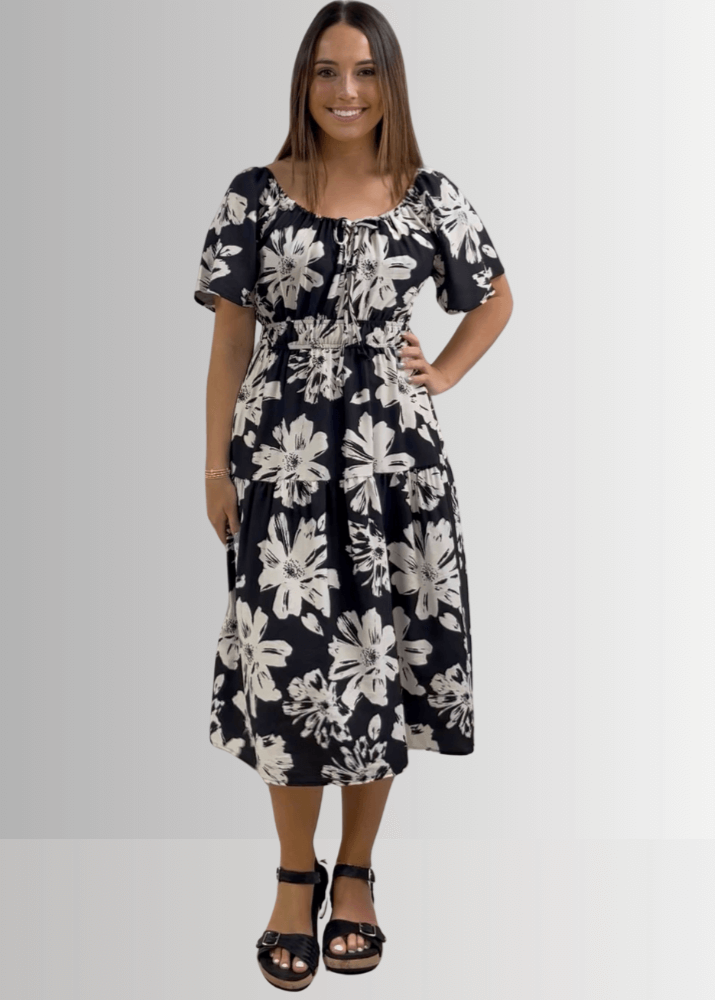 Made in USA Women's Floral Smocked Midi Dress, Short Flutter Sleeves, Square Neck, Off The Shoulder,  Side Pockets, Rayon and Nylon, Machine Wash | Classy Cozy Cool Women's Made in America Boutique