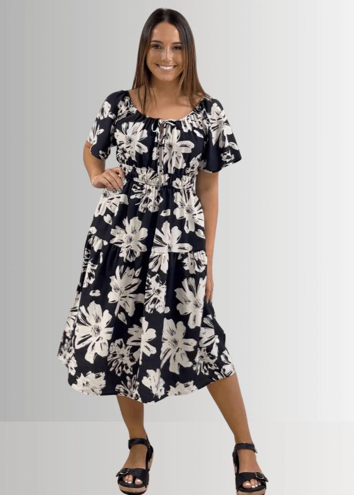 Made in USA Women's Floral Smocked Midi Dress, Short Flutter Sleeves, Square Neck, Off The Shoulder,  Side Pockets, Rayon and Nylon, Machine Wash | Classy Cozy Cool Women's Made in America Boutique