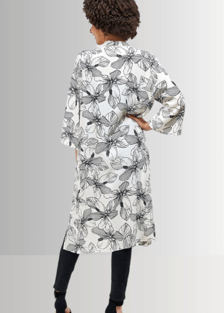 Made in USA Women's White/Black Floral Cardigan Kimono, Open Front, 3/4 Sleeves, Long Length, Side Slits, Semi-Sheer, Wool Dobby Fabric, Boho Vibes