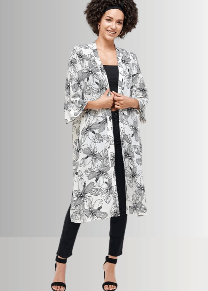 Made in USA Women's White/Black Floral Cardigan Kimono, Open Front, 3/4 Sleeves, Long Length, Side Slits, Semi-Sheer, Wool Dobby Fabric, Boho Vibes