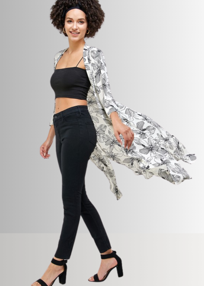 Made in USA Women's White/Black Floral Cardigan Kimono, Open Front, 3/4 Sleeves, Long Length, Side Slits, Semi-Sheer, Wool Dobby Fabric, Boho Vibes