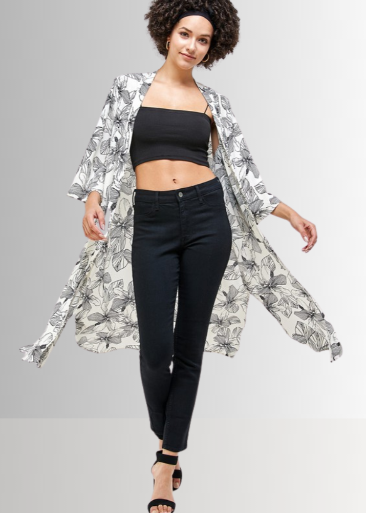 Made in USA Women's White/Black Floral Cardigan Kimono, Open Front, 3/4 Sleeves, Long Length, Side Slits, Semi-Sheer, Wool Dobby Fabric, Boho Vibes