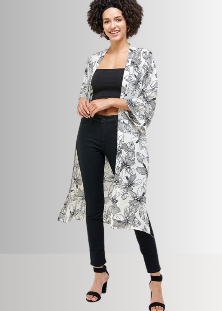 Made in USA Women's White/Black Floral Cardigan Kimono, Open Front, 3/4 Sleeves, Long Length, Side Slits, Semi-Sheer, Wool Dobby Fabric, Boho Vibes