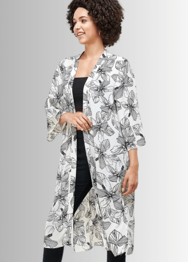 Made in USA Women's White/Black Floral Cardigan Kimono, Open Front, 3/4 Sleeves, Long Length, Side Slits, Semi-Sheer, Wool Dobby Fabric, Boho Vibes