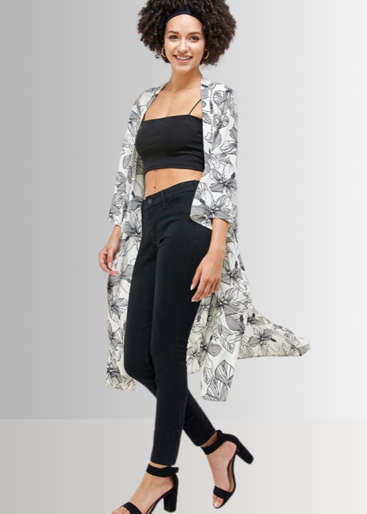 Made in USA Women's White/Black Floral Cardigan Kimono, Open Front, 3/4 Sleeves, Long Length, Side Slits, Semi-Sheer, Wool Dobby Fabric, Boho Vibes