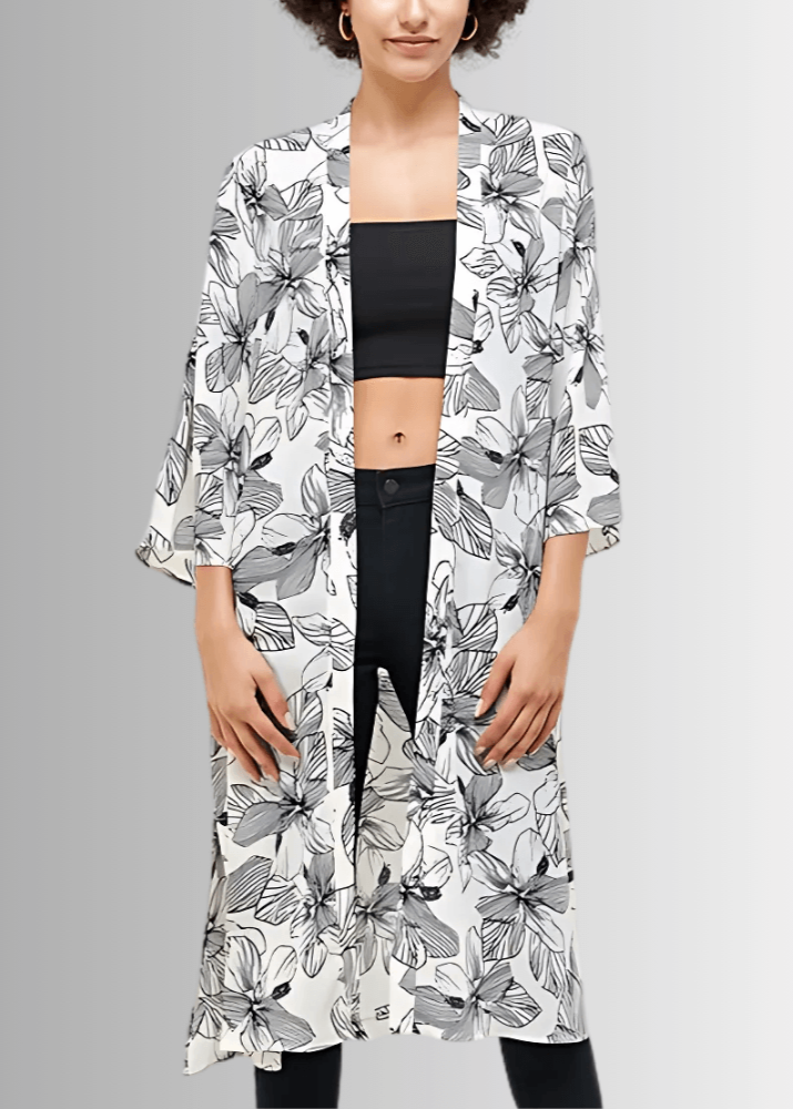 Made in USA Women's White/Black Floral Cardigan Kimono, Open Front, 3/4 Sleeves, Long Length, Side Slits, Semi-Sheer, Wool Dobby Fabric, Boho Vibes