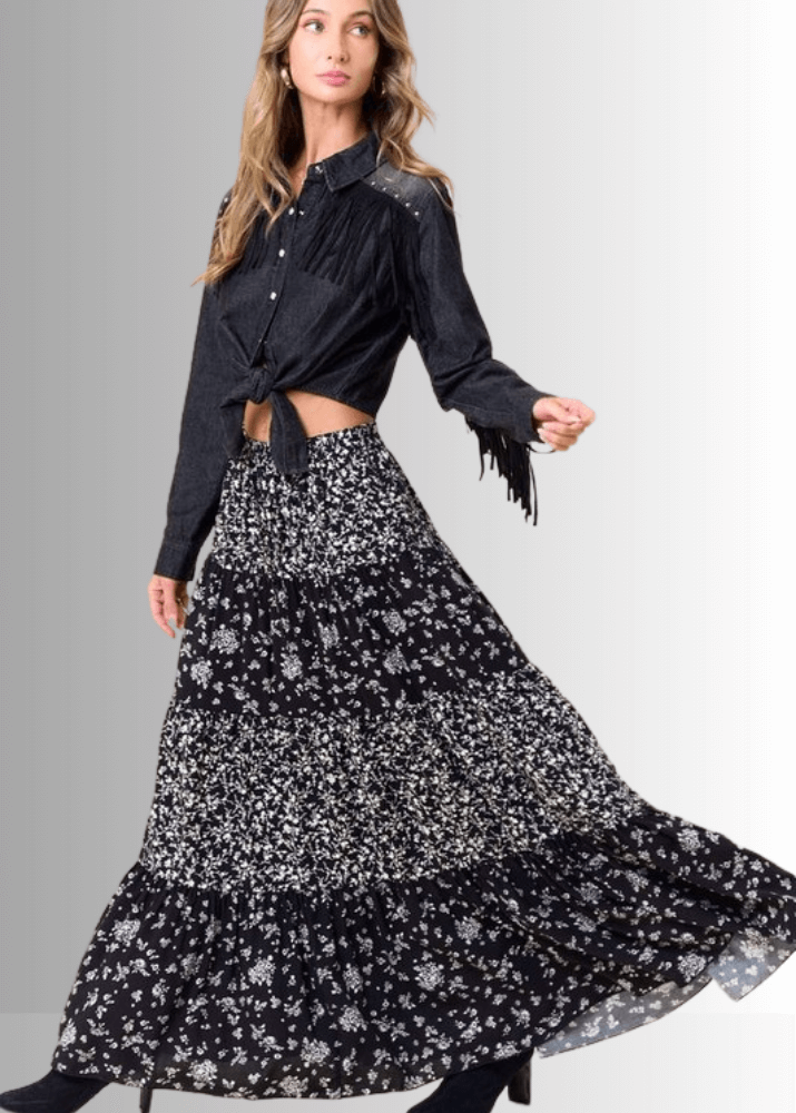 Made in USA Women's Black and White Elastic Waist Floral Tiered Flowy Maxi Skirt with pockets Soft, 100% Rayon, Style SS1223A | Classy Cozy Cool Made in America Boutique