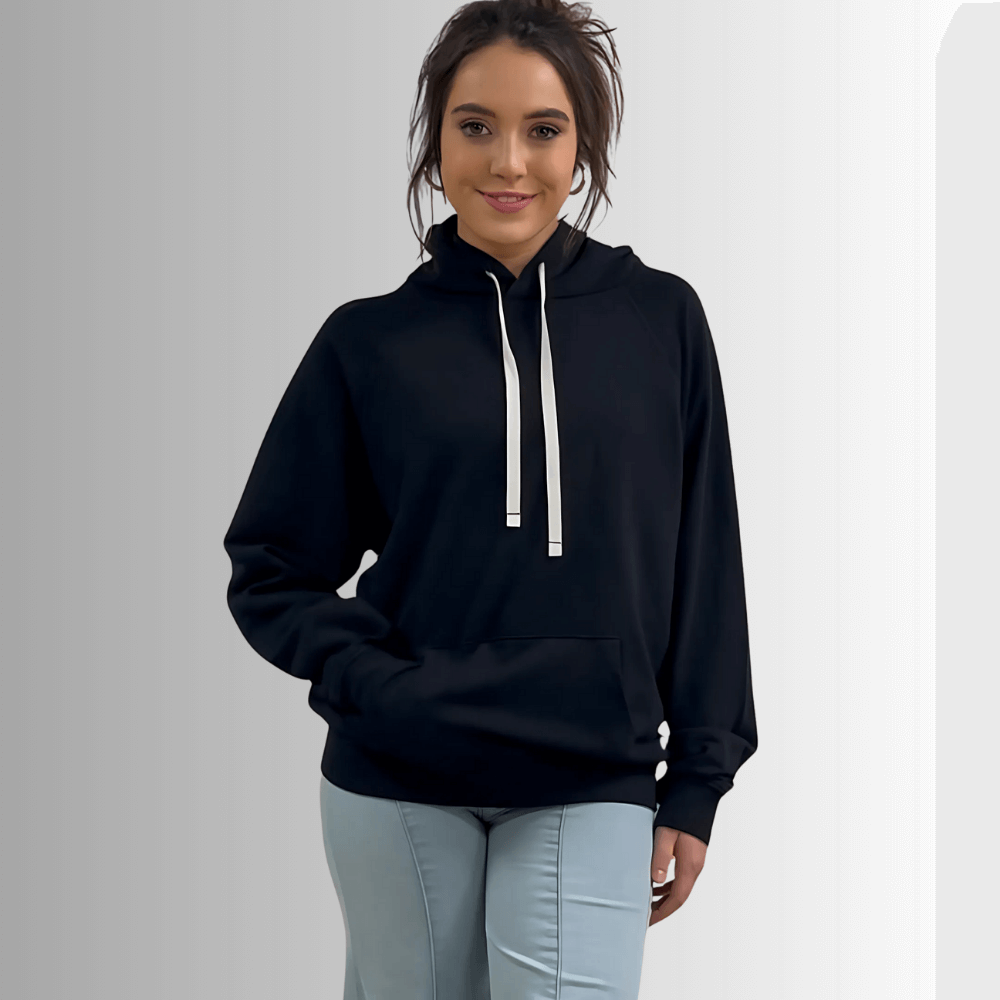 Made in USA Medium Weight Premium Cotton Hoodie Sweatshirt, Made with Premium USA Cotton, Oversized Fit, Lightweight, Crew Neck in Black | Classy Cozy Cool Women's Made in America Boutique