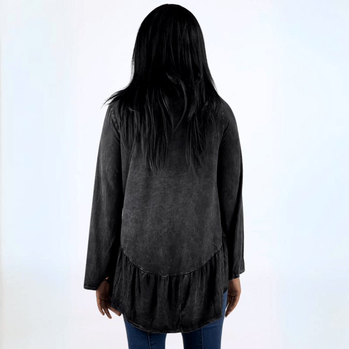 Made in USA Women's Super Soft Mineral Washed Flounce Ruffle Tunic in Black, Long Bell Sleeves, Hand Dyed, Asymmetrical Hem, Longer Length, Relaxed Fit | Classy Cozy Cool Made in America Boutique