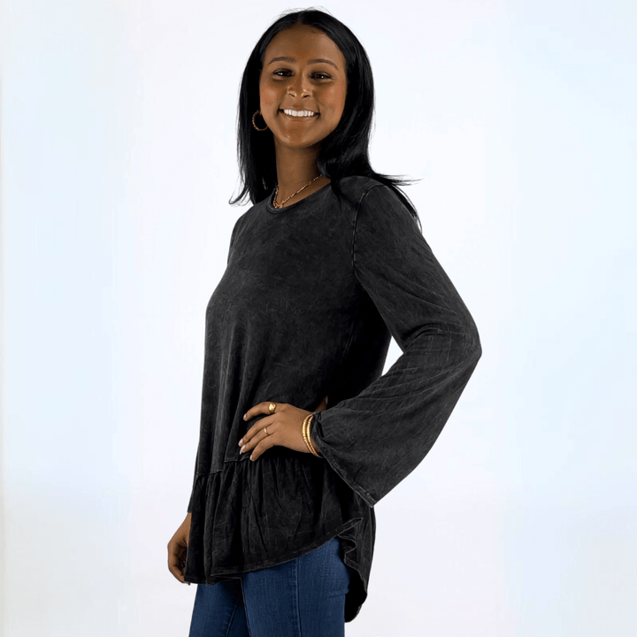 Made in USA Women's Super Soft Mineral Washed Flounce Ruffle Tunic in Black, Long Bell Sleeves, Hand Dyed, Asymmetrical Hem, Longer Length, Relaxed Fit | Classy Cozy Cool Made in America Boutique