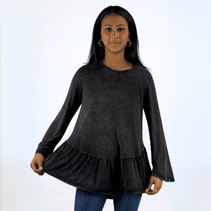 Made in USA Women's Super Soft Mineral Washed Flounce Ruffle Tunic in Black, Long Bell Sleeves, Hand Dyed, Asymmetrical Hem, Longer Length, Relaxed Fit | Classy Cozy Cool Made in America Boutique