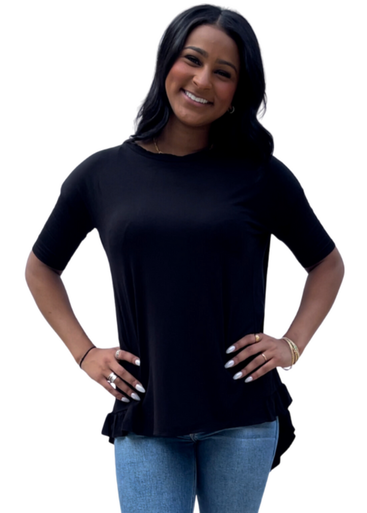 Made in USA Women's Bamboo Ruffle Hem Short Sleeve High Low Tunic Top with Boat Neckline in Black | Classy Cozy Cool Made in America Boutique