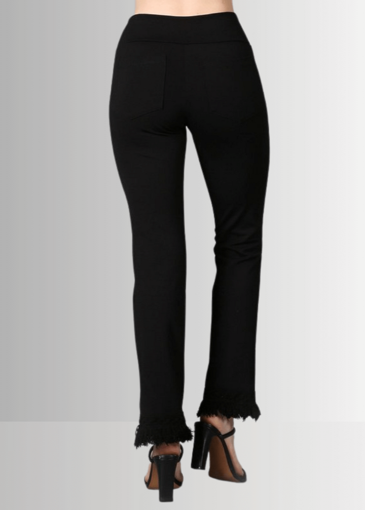 USA Made Ladies Plus Size Cropped Straight Leg Ponte Pants in Black with Crochet Fringe Hem | Style P30374 | Classy Cozy Cool Women's Made in America Clothing Boutique