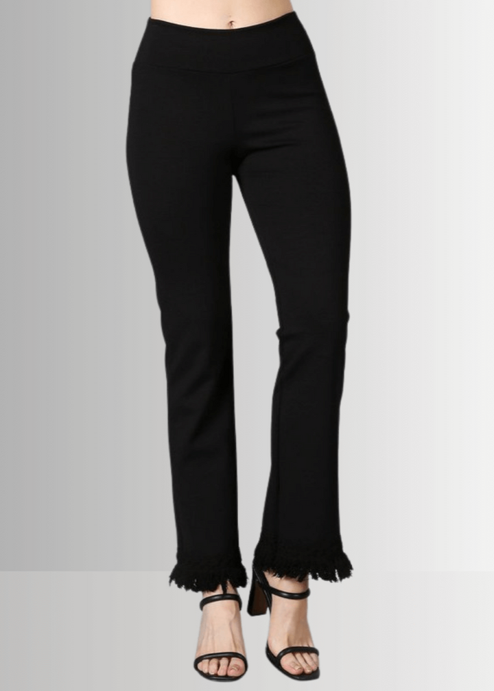 USA Made Ladies Plus Size Cropped Straight Leg Ponte Pants in Black with Crochet Fringe Hem | Style P30374 | Classy Cozy Cool Women's Made in America Clothing Boutique