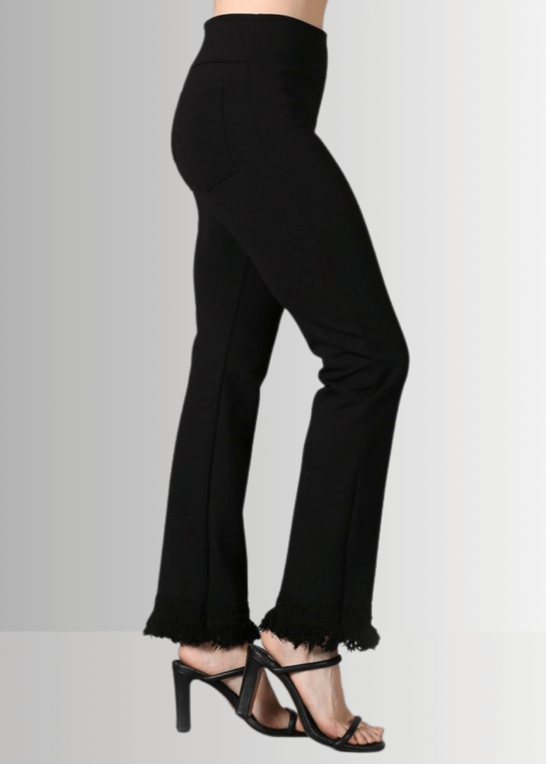 USA Made Ladies Plus Size Cropped Straight Leg Ponte Pants in Black with Crochet Fringe Hem | Style P30374 | Classy Cozy Cool Women's Made in America Clothing Boutique